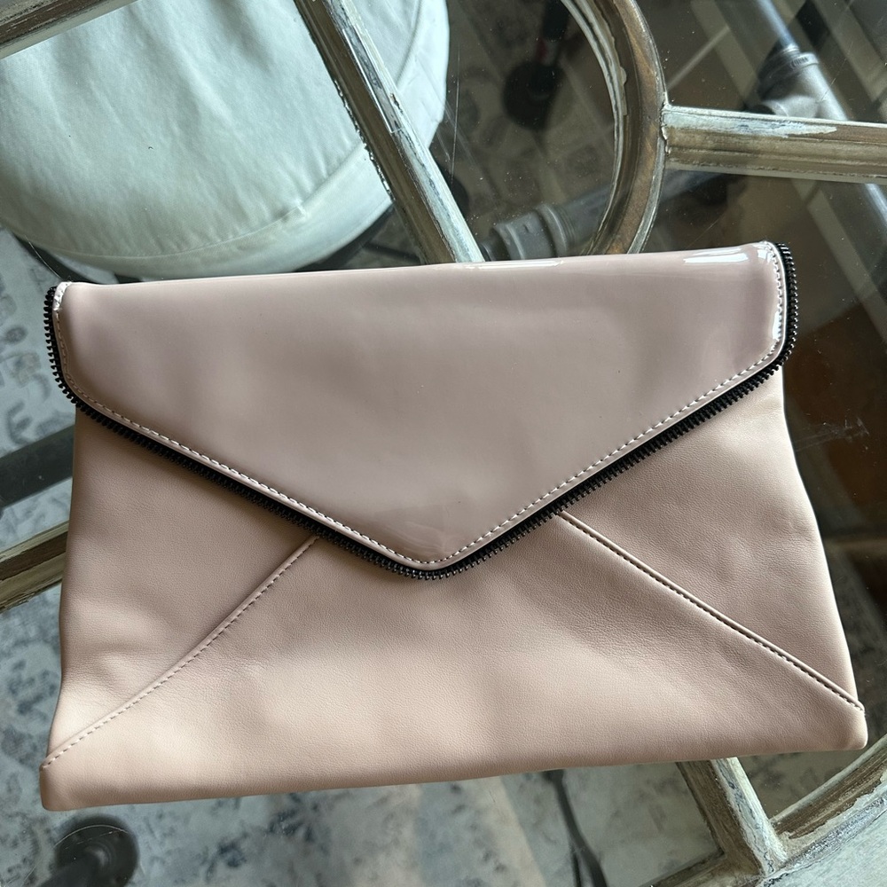 Beige leather/patton leather clutch purse with removable chain strap